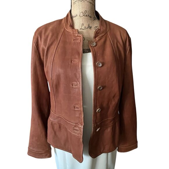 A.N.A. Jr XL Soft Genuine Leather Jacket Brown Blazer Business Casual Peplum Hem - Picture 1 of 12